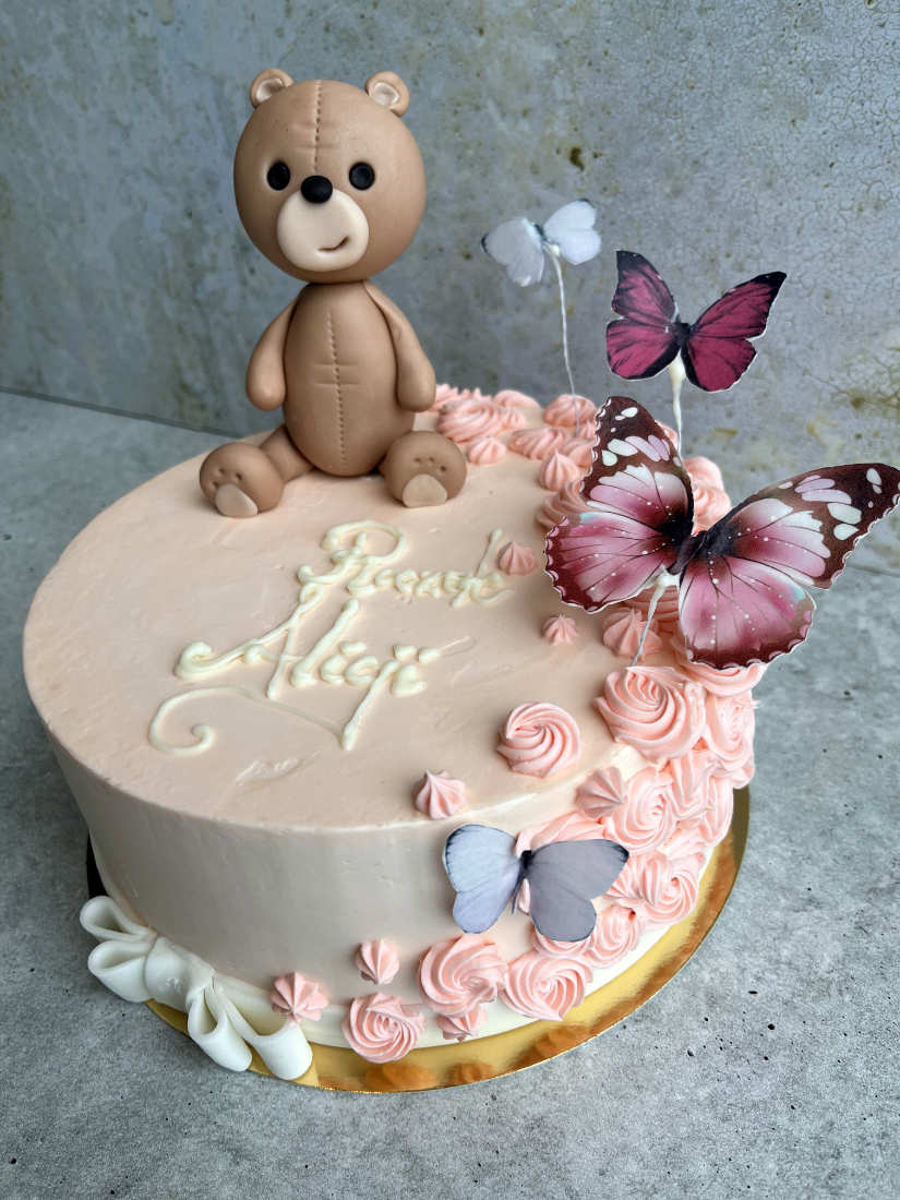 Birthday cake with a butterfly and a teddy bear - Custom Cakes for Special Order by Sweet Wentzl Cafe & Confectionery, Cakes and Pastries, Krakow